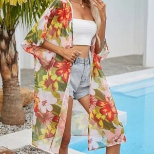 Tropical floral green red half sleeve semi-sheer long kimono Sz XL